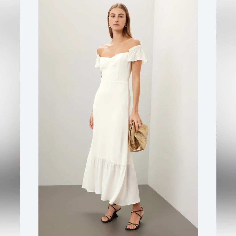 Reformation Butterfly Dress Size 6 Cream Off-Shoulder Midi Dress Ruffle Hem